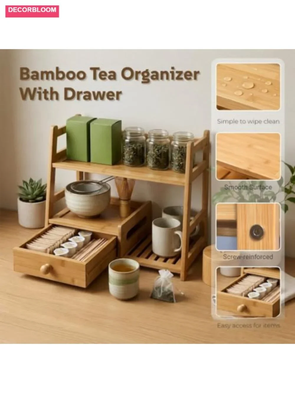 Bamboo Tea Matcha Coffee Storage Organizer with Drawer, Two-Tier